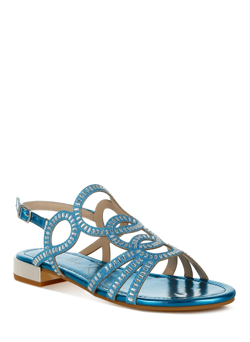 London Rag Cut Out Detail Rhinestone Flat Sandals in Denim Blue