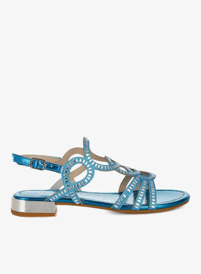 Cut Out Detail Rhinestone Flat Sandals in Denim Blue