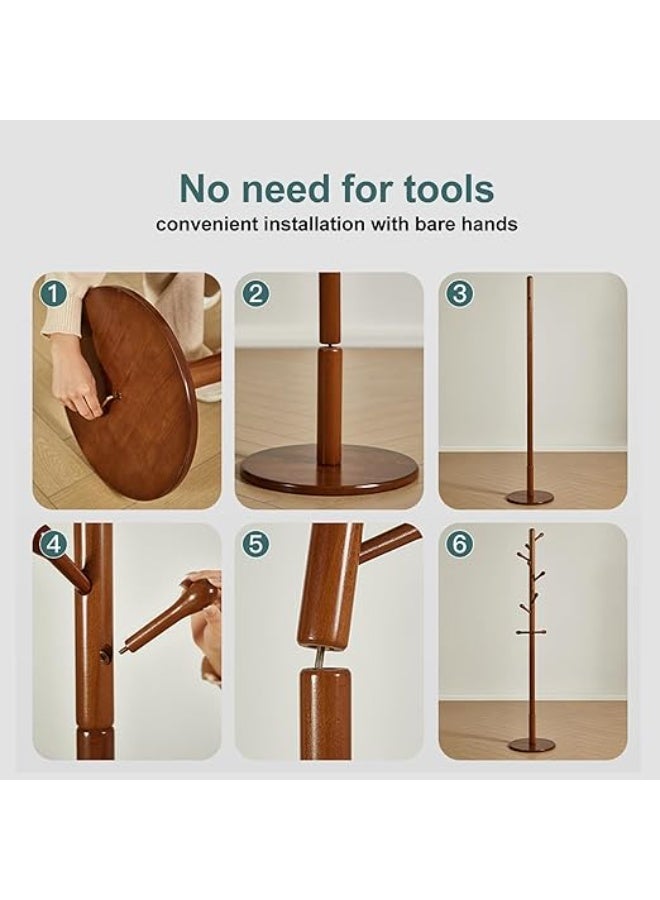 DUNISO Coat Rack with 8 Hooks，Wooden Coat Rack Freestanding,Hanging Coat Rack，Easy to Install，Small Footprint，for Bedroom,Living Room, Entrance, Bedside,Brown - Image 5