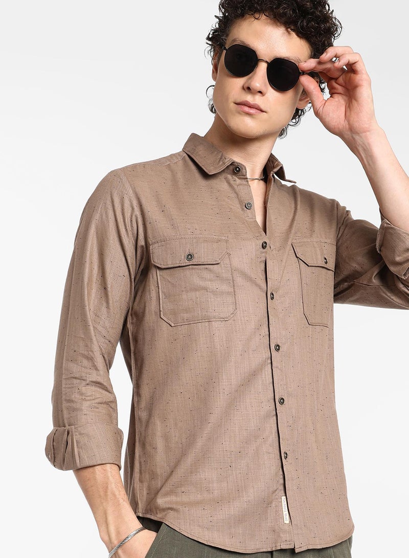 Campus Sutra Men's Peanut Brown Heathered Utility Shirt - Image 1