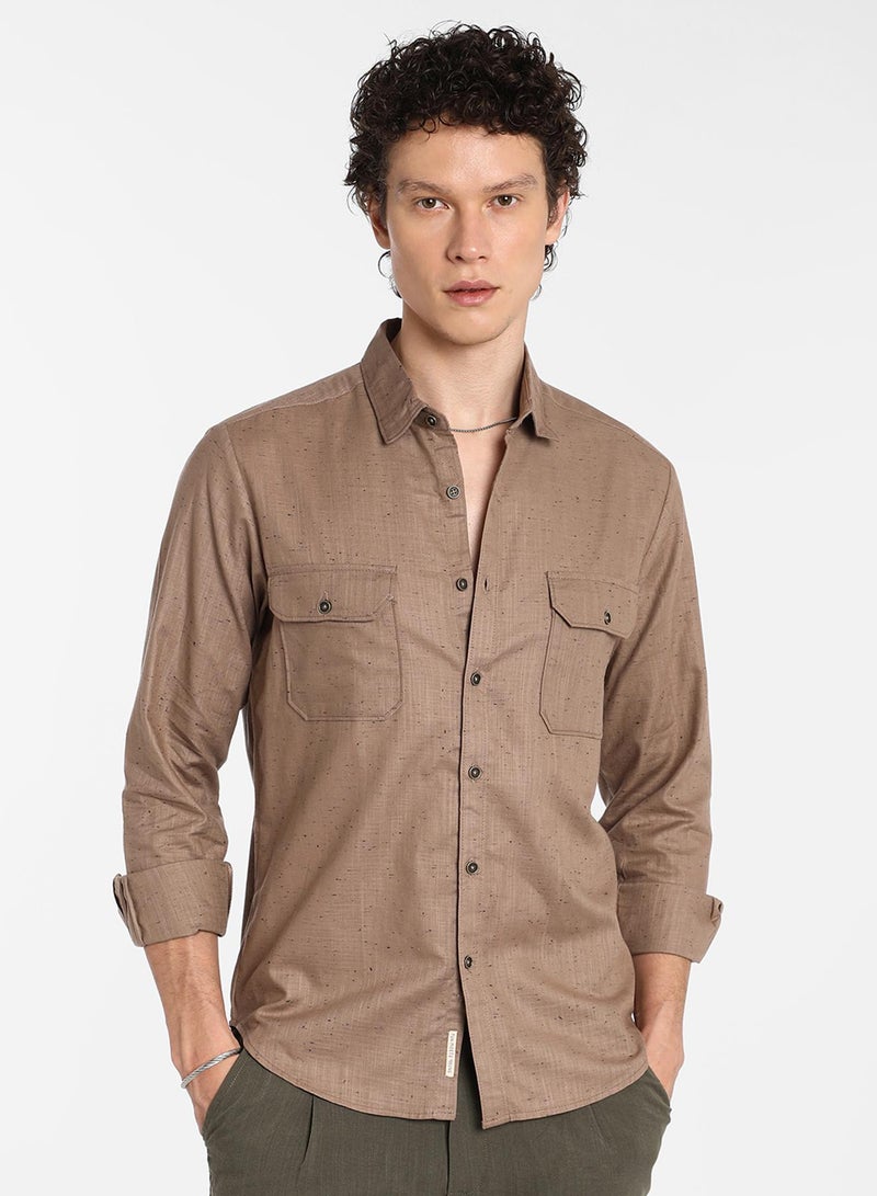 Campus Sutra Men's Peanut Brown Heathered Utility Shirt - Image 2