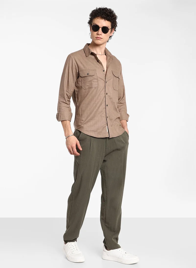 Campus Sutra Men's Peanut Brown Heathered Utility Shirt