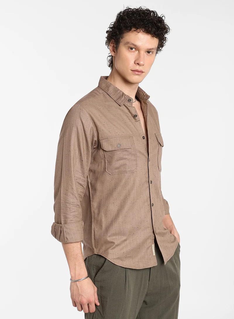 Campus Sutra Men's Peanut Brown Heathered Utility Shirt