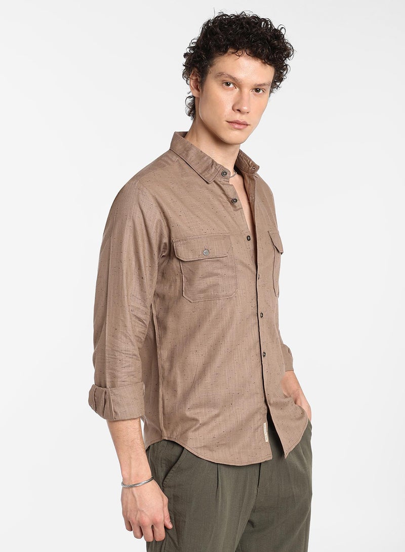 Campus Sutra Men's Peanut Brown Heathered Utility Shirt - Image 3