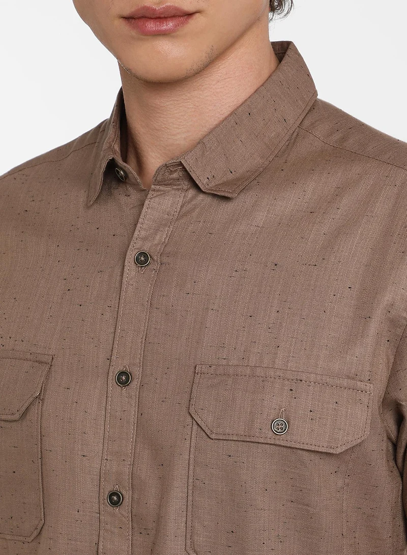 Campus Sutra Men's Peanut Brown Heathered Utility Shirt