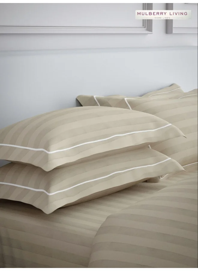 MULBERRY LIVING 100% Cotton - 300Tc Elysian Stripes King Size (180X200 Cms) Fitted Bedsheet With 2 Pillow Covers (50X75 Cm) - Beige