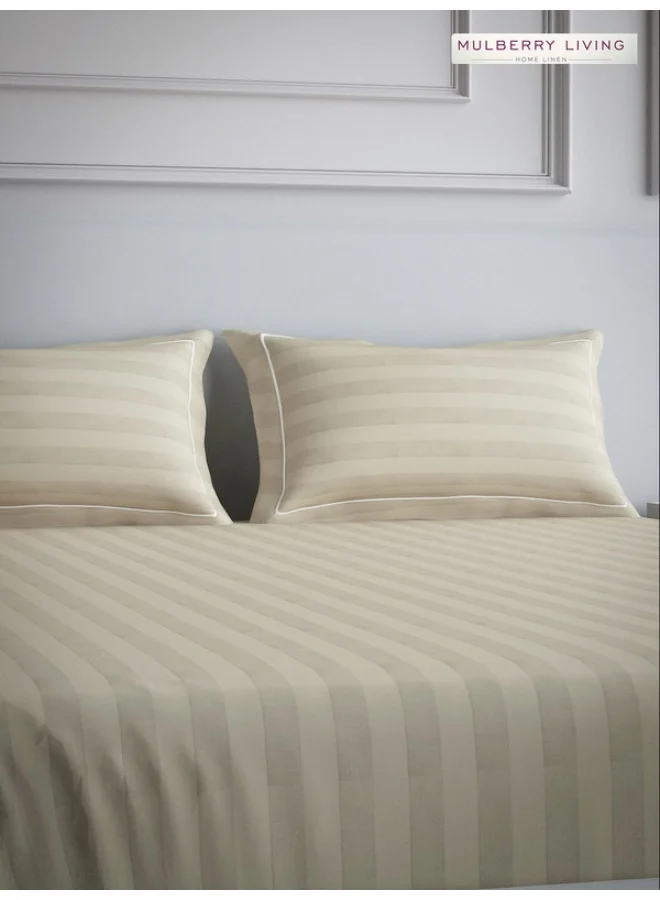 MULBERRY LIVING 100% Cotton - 300Tc Elysian Stripes King Size (180X200 Cms) Fitted Bedsheet With 2 Pillow Covers (50X75 Cm) - Beige