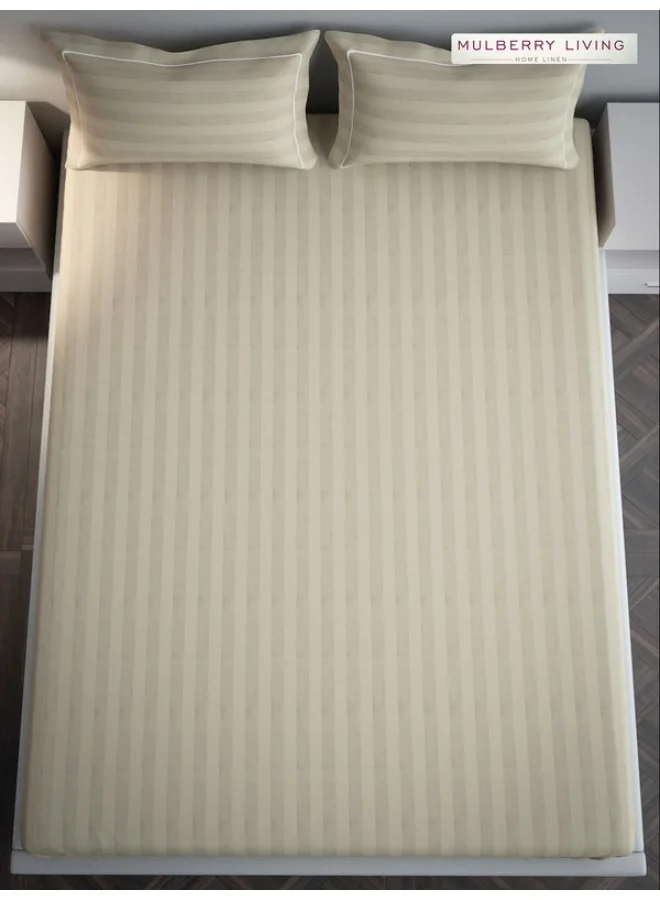 MULBERRY LIVING 100% Cotton - 300Tc Elysian Stripes King Size (180X200 Cms) Fitted Bedsheet With 2 Pillow Covers (50X75 Cm) - Beige