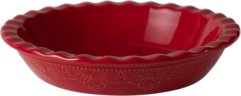FE FUN ELEMENTS Fun Elements Pie Pan, 9 Inch Ceramic Pie Dish, Deep Dish Pie Pan with Lace Emboss, Ruffled Pie Plate for Baking, Thanksgiving Christmas Gifts(Christmas Red) - Image 1