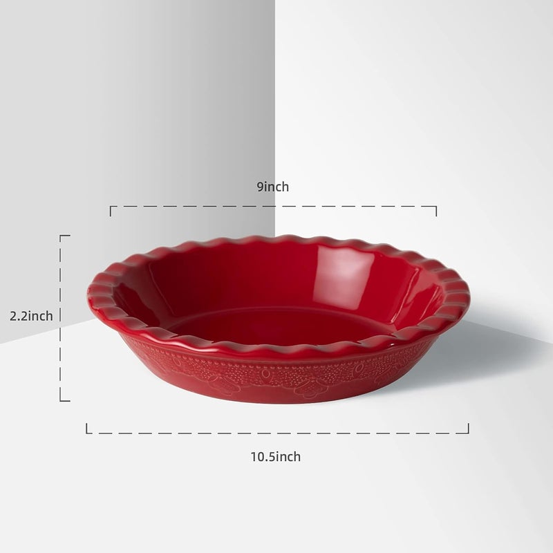 FE FUN ELEMENTS Fun Elements Pie Pan, 9 Inch Ceramic Pie Dish, Deep Dish Pie Pan with Lace Emboss, Ruffled Pie Plate for Baking, Thanksgiving Christmas Gifts(Christmas Red) - Image 2