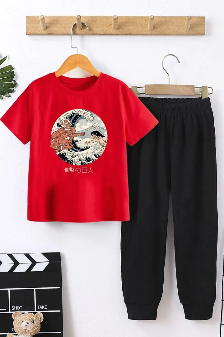 ONLYTRENDWEAR Kids Kanagawa Oki Nami Ura Bottom - Top Tracksuit Set 3-4 Years Old Red
