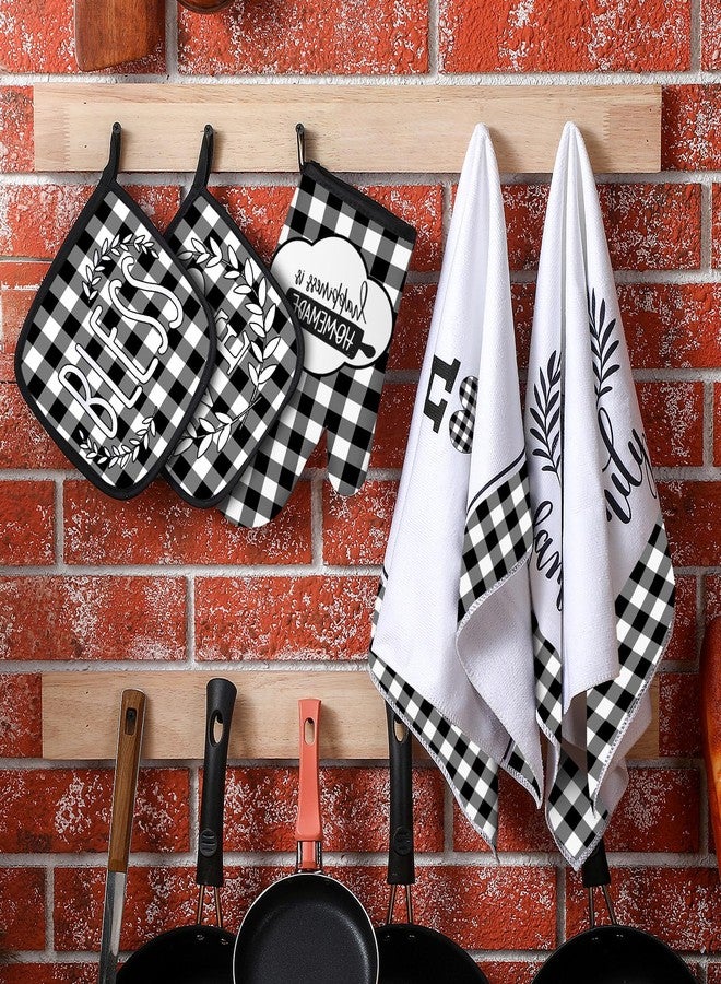 رتيري طقم من 5 قطع من مناشف المطبخ بنقشة مربعات الجاموس، قفازات فرن، وحوامل أواني، مناشف مطبخ سوداء وبيضاء، قفازات فرن، وسادات ساخنة، وحوامل أواني، إكسسوارات ديكور منزلية ريفية (على شكل قلب). - Image 5