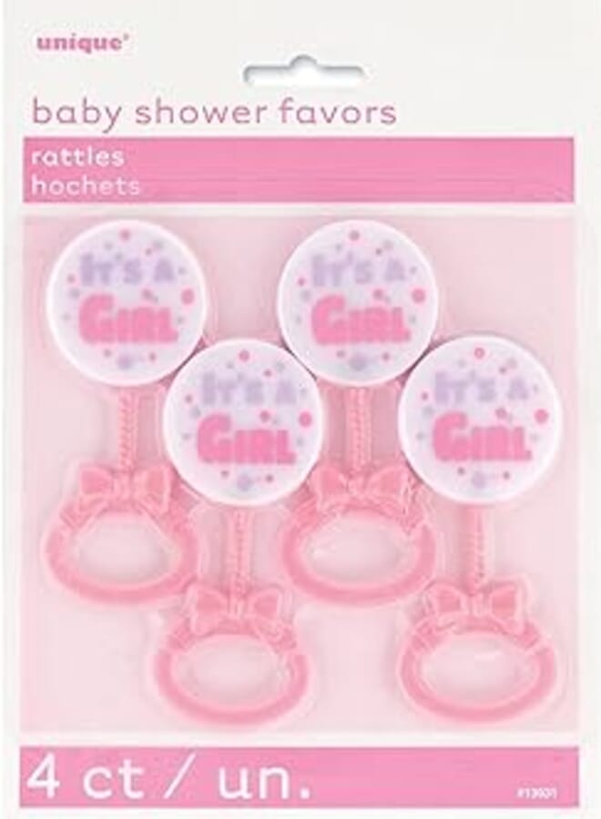 Unique Party 13931 - Plastic It's a Girl Pink Rattle Baby Shower Favours, Pack of 4