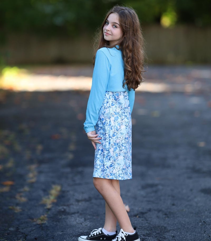 Kimoda Girls Cute 2 Piece Outfit Dress with Blue Long Sleeve Crop Shirt Set Size 11 Size 12 Teen Girl Spaghetti Strap Cami Dresses 11-12 Years - Image 4
