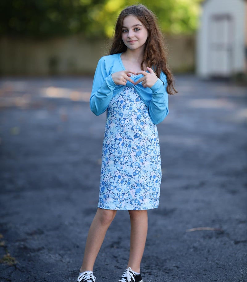 Kimoda Girls Cute 2 Piece Outfit Dress with Blue Long Sleeve Crop Shirt Set Size 11 Size 12 Teen Girl Spaghetti Strap Cami Dresses 11-12 Years - Image 3