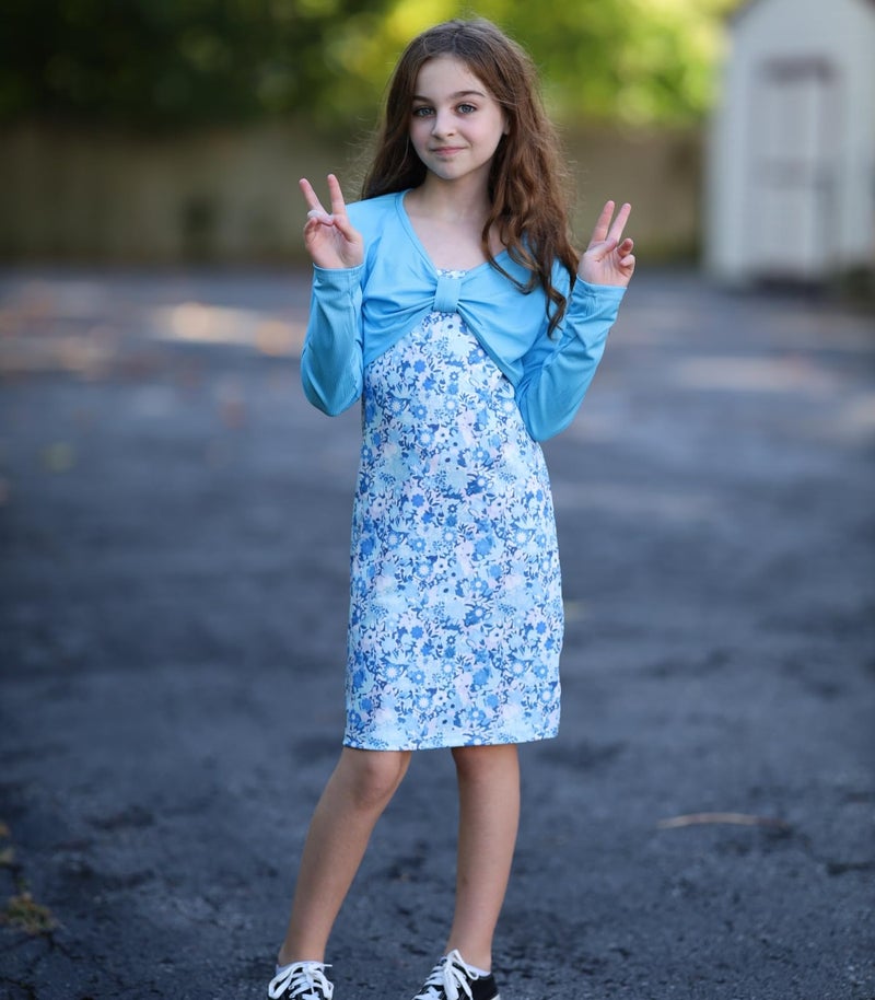 Kimoda Girls Cute 2 Piece Outfit Dress with Blue Long Sleeve Crop Shirt Set Size 11 Size 12 Teen Girl Spaghetti Strap Cami Dresses 11-12 Years - Image 2
