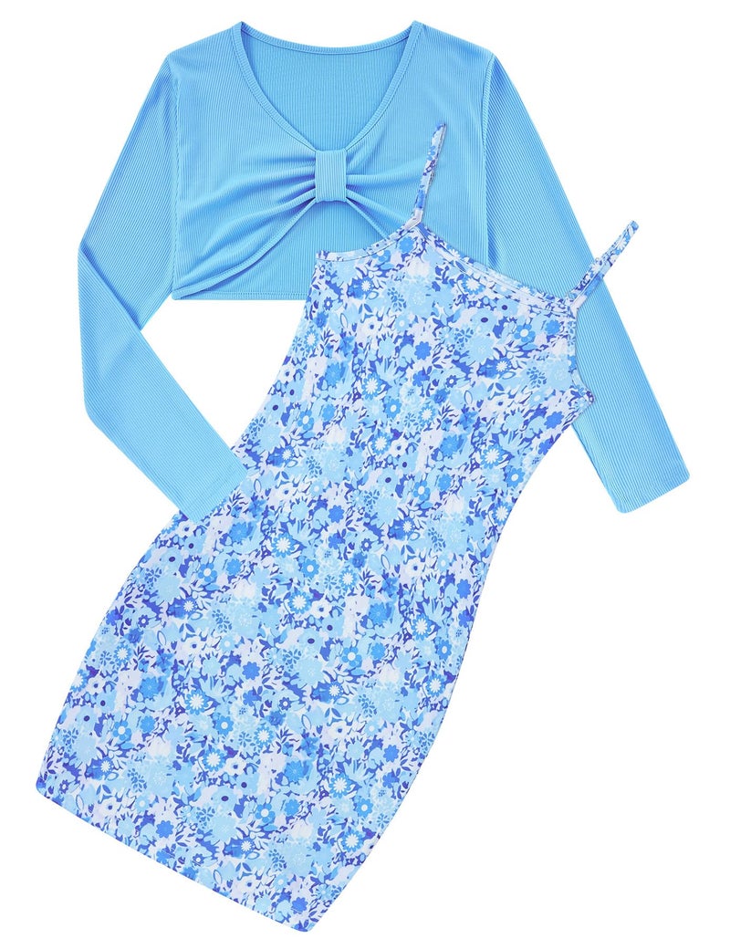 Kimoda Girls Cute 2 Piece Outfit Dress with Blue Long Sleeve Crop Shirt Set Size 11 Size 12 Teen Girl Spaghetti Strap Cami Dresses 11-12 Years - Image 1