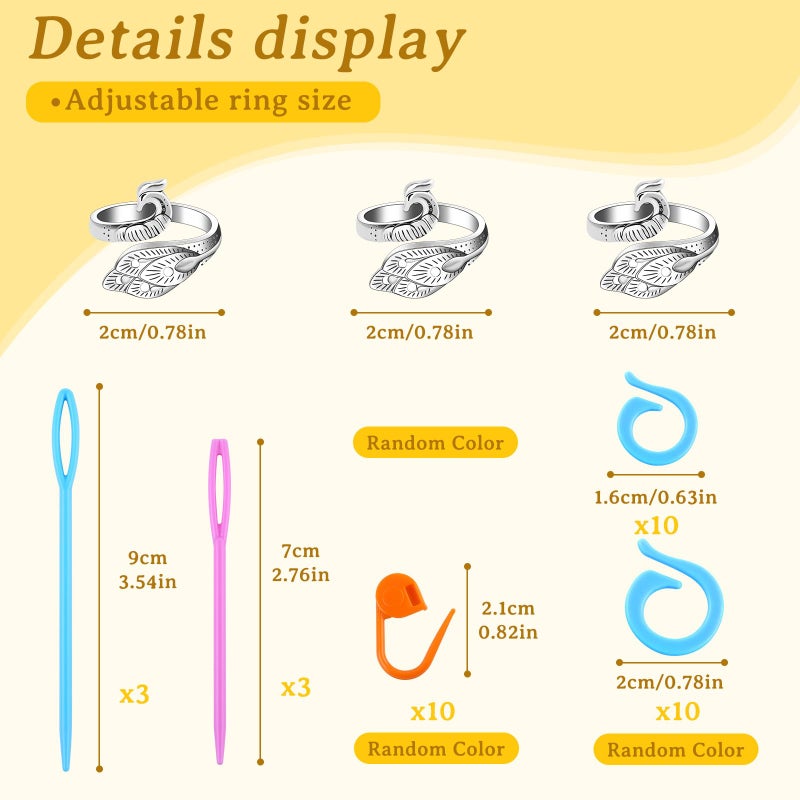 Yizzvb 3 Pcs Crochet Ring+30Pcs Stitch Markers, Adjustable Tension Rings for Finger Yarn, 6 Large Eye Blunt Needles, Knitting & Crochet Accessories Set for DIY Crafts,Crocheters Knitters - Image 2