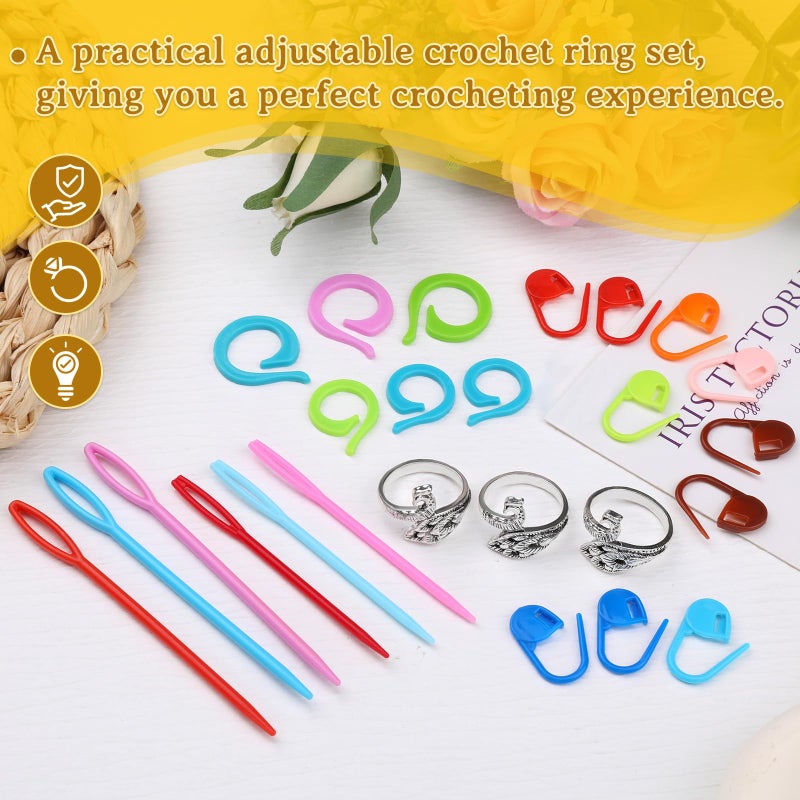 Yizzvb 3 Pcs Crochet Ring+30Pcs Stitch Markers, Adjustable Tension Rings for Finger Yarn, 6 Large Eye Blunt Needles, Knitting & Crochet Accessories Set for DIY Crafts,Crocheters Knitters - Image 3