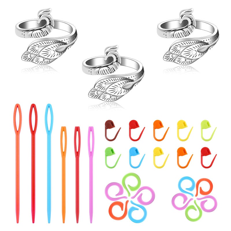 Yizzvb 3 Pcs Crochet Ring+30Pcs Stitch Markers, Adjustable Tension Rings for Finger Yarn, 6 Large Eye Blunt Needles, Knitting & Crochet Accessories Set for DIY Crafts,Crocheters Knitters - Image 1