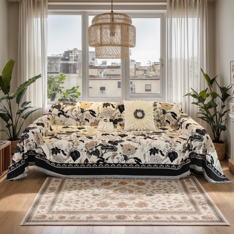 DREAMINGO Beige Black Farmhouse Couch Cover Floral Jacquard Vintage Sofa Covers for 2 Cushion Couch Chenille French Couch Cover Blanket Boho Pet Furniture Cover Washable Futon Slipcover, 71"x118" - Image 1