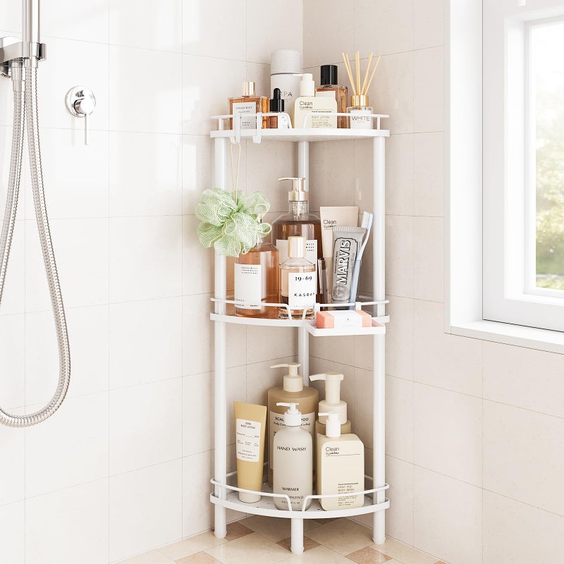 ELYKEN Corner Shower Caddy Standing 3 Tier Rustproof Metal Shower Organizer with Soap Holder Floor Shower Corner Shelf Rack Storage Stands with Adjustable Feet 2 Hooks for Bathroom White