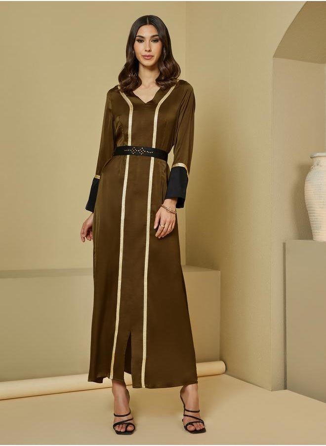 Styli - Embellished Belted Contrast Detail Kaftan - Image 1