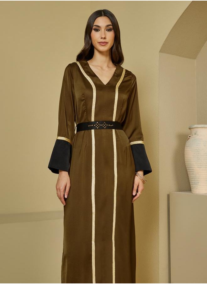 Styli - Embellished Belted Contrast Detail Kaftan - Image 1
