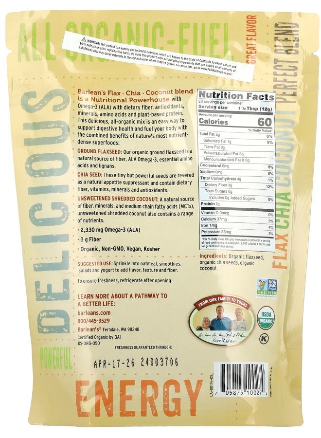 BARLEAN'S Flax-Chia-Coconut Blend 12 oz (340 g) - Image 2