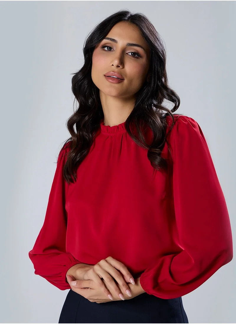 Zigzag Chiffon Lantern Sleeve Detailed Neck Red Top