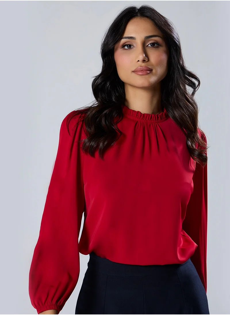 Zigzag Chiffon Lantern Sleeve Detailed Neck Red Top