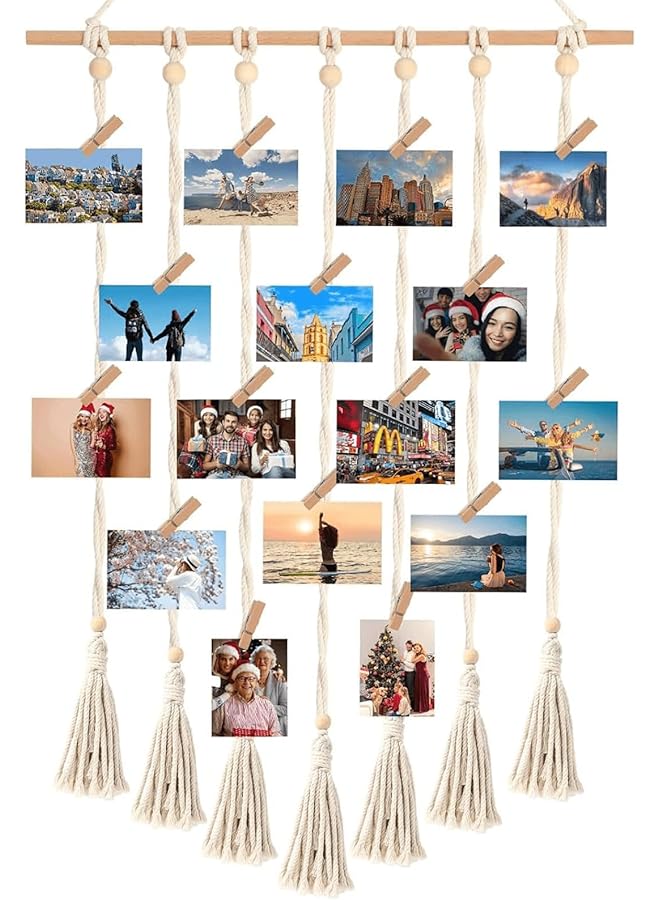 The Bros عرض الصور المعلق، حائط ماكرامي مع 30 مشبك لعرض الصور، عرض الصور المعلق ديكور بوهيمي، منظم الصور لتزيين الجدران بنفسك، المنزل، المكتب - Image 1