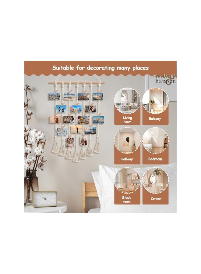 The Bros عرض الصور المعلق، حائط ماكرامي مع 30 مشبك لعرض الصور، عرض الصور المعلق ديكور بوهيمي، منظم الصور لتزيين الجدران بنفسك، المنزل، المكتب - Image 2