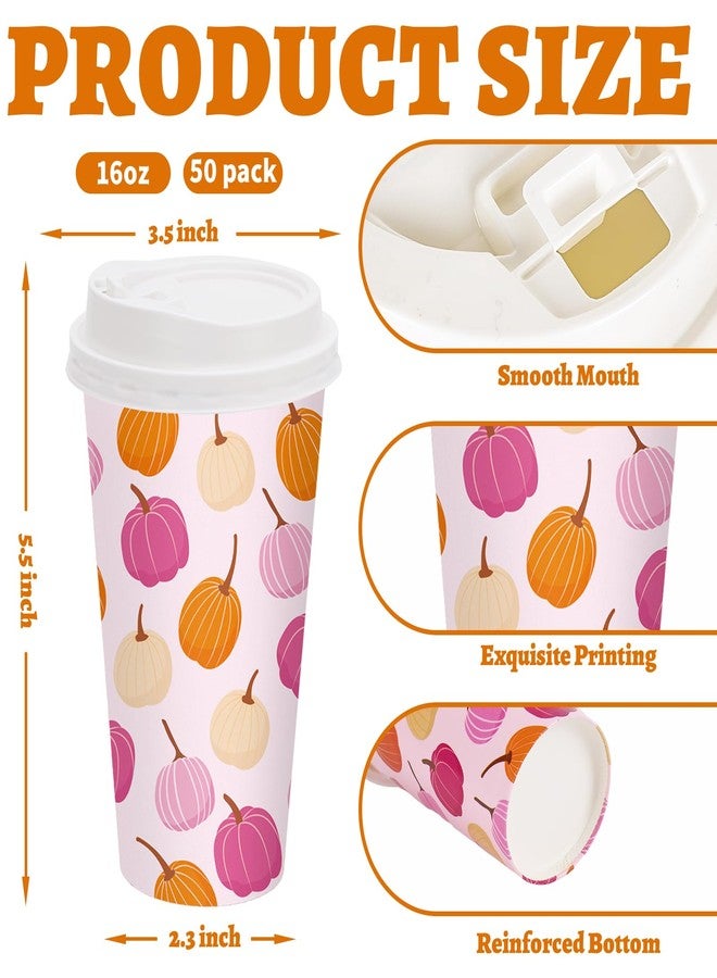 Whaline أكواب قهوة ورقية وردية مع غطاء 16 أونصة من وايلين 50 قطعة على شكل قرع للخريف - Image 2