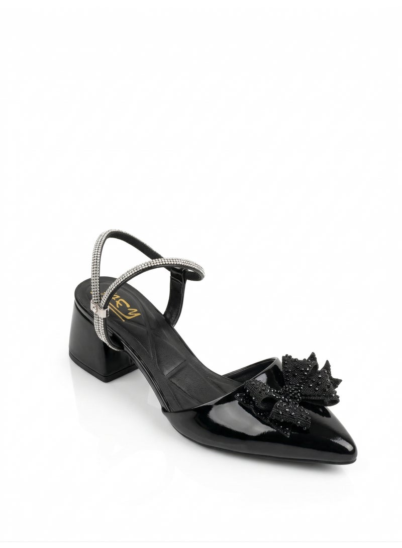 لايف ستيلاش  أحذية كعب متوسط جلد لامع مع فيونكه F-618 - أسود - Image 1