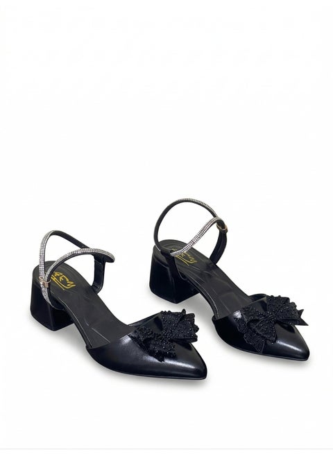 Shoes Mid Heels Leather Glossy With Bow F-618 - Black