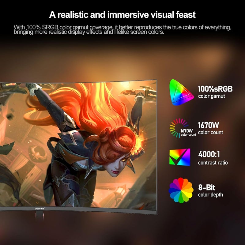 Gawfolk شاشة ألعاب مقاس 27 بوصة، 180 هرتز، دقة FHD، منحنية، 1800R، 1080 بكسل (1920×1080)، زمن استجابة سريع 1 مللي ثانية (GTG)، بدون إطار، 100% sRGB، FreeSync، للمنزل والمكتب وألعاب الرياضات الإلكترونية. - Image 4