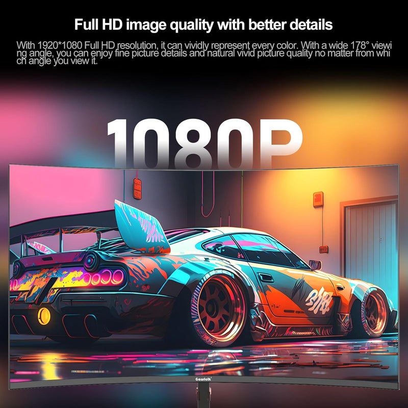 Gawfolk شاشة ألعاب مقاس 27 بوصة، 180 هرتز، دقة FHD، منحنية، 1800R، 1080 بكسل (1920×1080)، زمن استجابة سريع 1 مللي ثانية (GTG)، بدون إطار، 100% sRGB، FreeSync، للمنزل والمكتب وألعاب الرياضات الإلكترونية. - Image 2