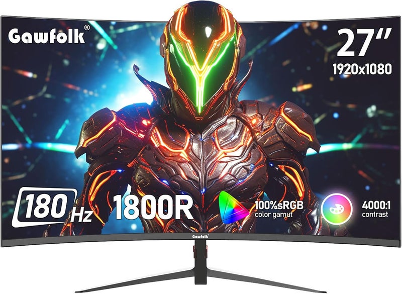 Gawfolk شاشة ألعاب مقاس 27 بوصة، 180 هرتز، دقة FHD، منحنية، 1800R، 1080 بكسل (1920×1080)، زمن استجابة سريع 1 مللي ثانية (GTG)، بدون إطار، 100% sRGB، FreeSync، للمنزل والمكتب وألعاب الرياضات الإلكترونية. - Image 1