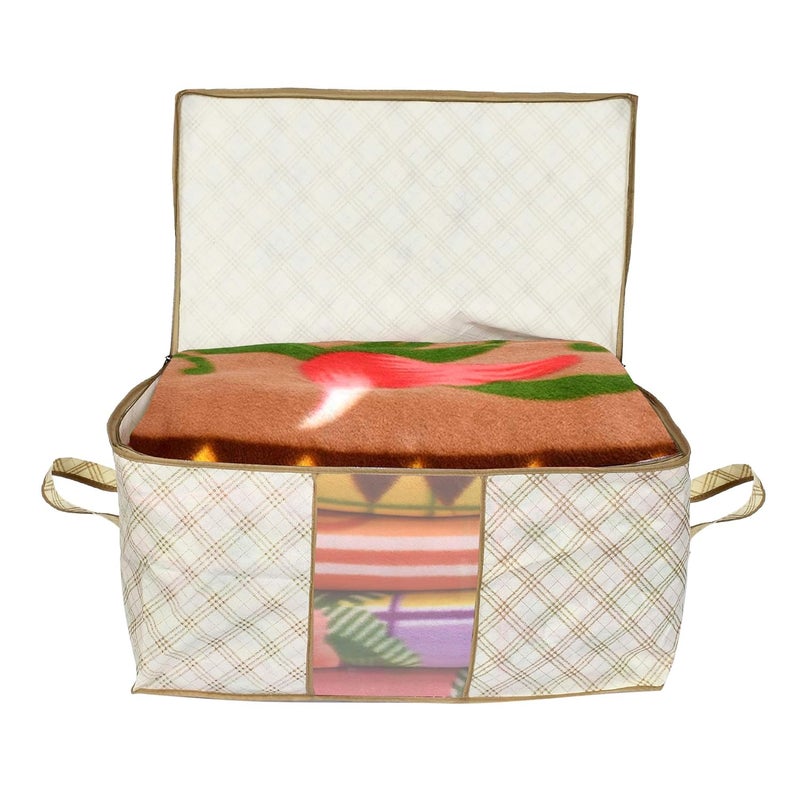 Kuber Industries Kuber Industries Metallic Checkered Print NonWoven Underbed BagStorage OrganiserBlanket Cover with Transparent WindowStorage Bag For Clothes Large Ivory pack of 1  - Image 4