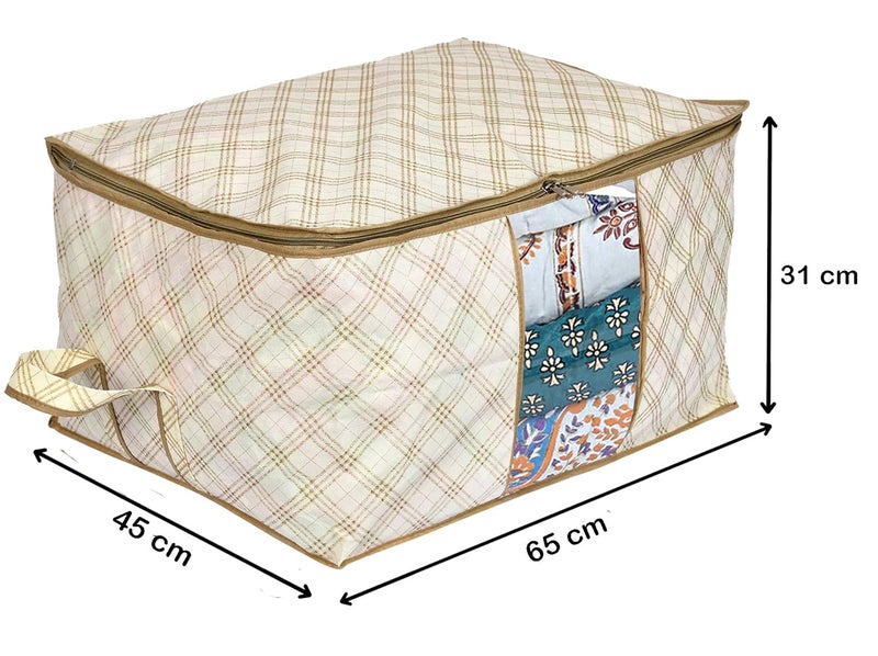 Kuber Industries Kuber Industries Metallic Checkered Print NonWoven Underbed BagStorage OrganiserBlanket Cover with Transparent WindowStorage Bag For Clothes Large Ivory pack of 1  - Image 2