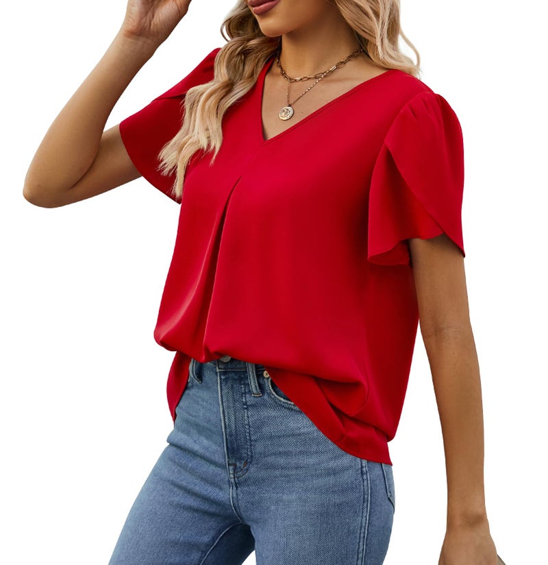 Funlingo Womens Tops Petal Short Sleeve V Neck Dressy Elegant Work Blouse Summer Casual Loose Fit Tunic Tops for Leggings Red L - Image 4