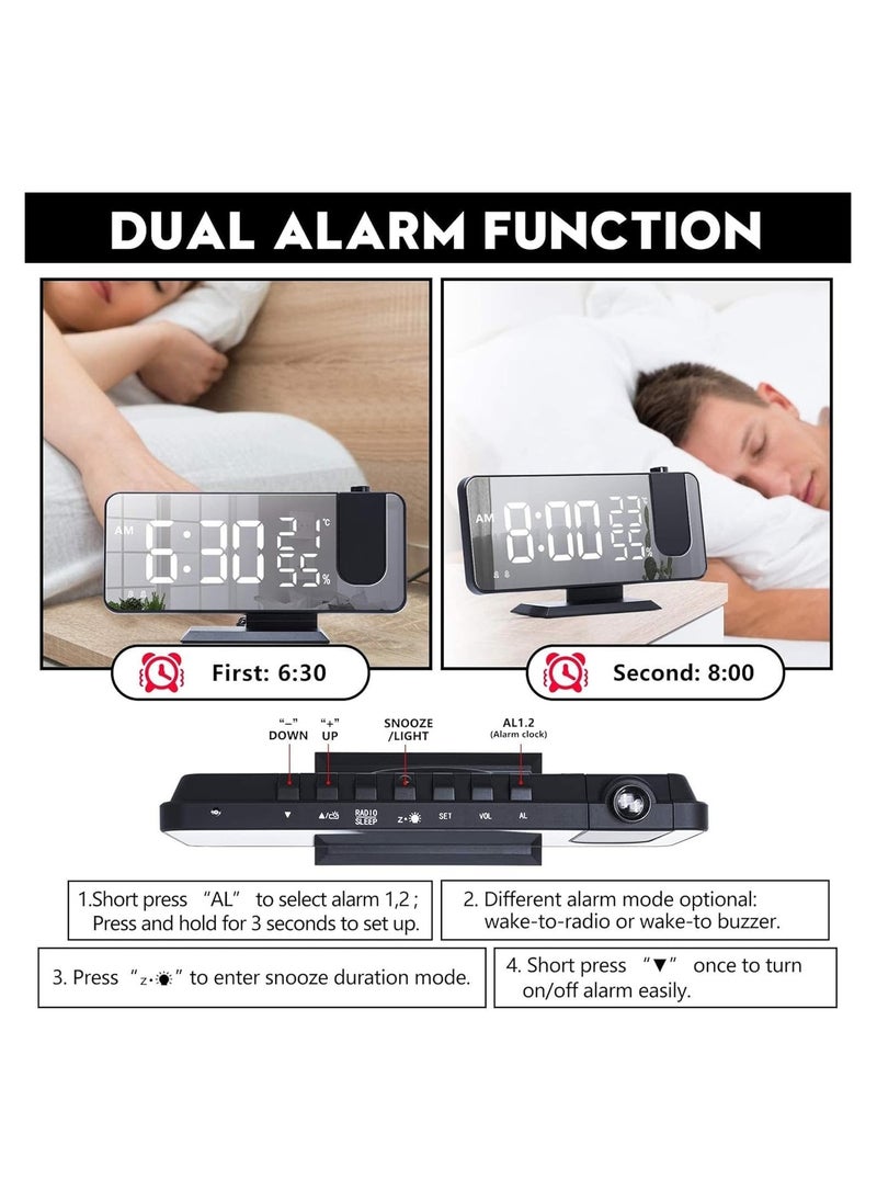 LIMOS - Projection Alarm Clock with FM Radio, USB Charger, Thermometer, Humidity Display, and 7.4'' LED Mirror Display - Image 1