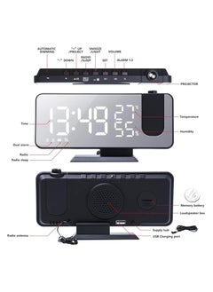 LIMOS Projection Alarm Clock with FM Radio, USB Charger, Thermometer, Humidity Display, and 7.4'' LED Mirror Display  - Image 3
