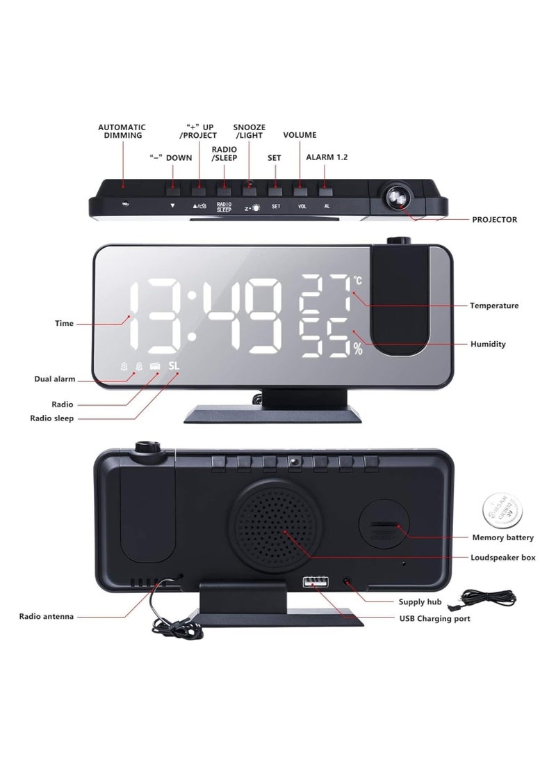 LIMOS - Projection Alarm Clock with FM Radio, USB Charger, Thermometer, Humidity Display, and 7.4'' LED Mirror Display - Image 1