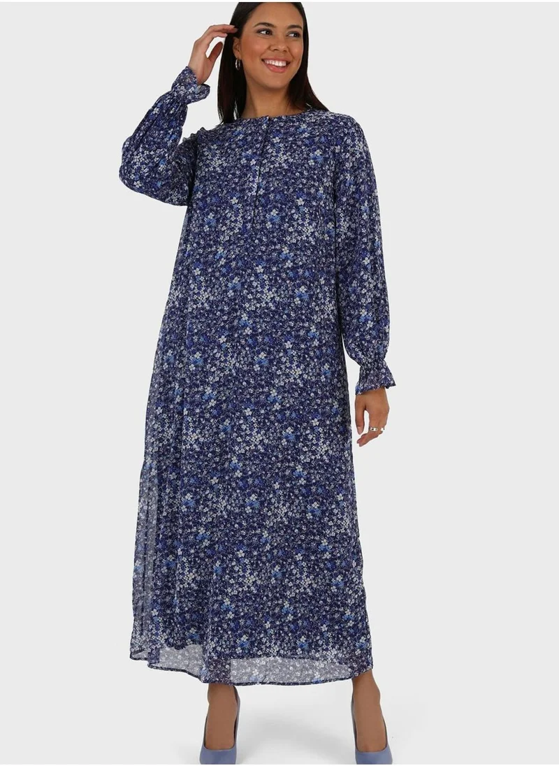 Alia by modanisa Floral Print Mesh Flared Dress