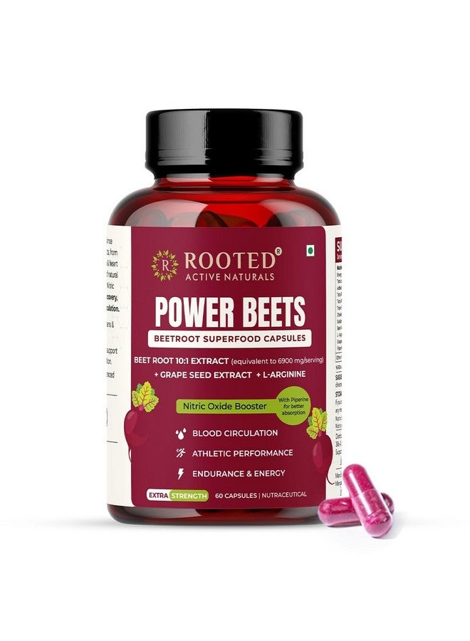 Rooted Active's PowerBeets - Beet Root Capsules, Helps Support Nitric Oxide Production, Blood Pressure, Heart Health, Contains Non-GMO Beetroot Powder, Grape Seed Extract (60 Caps) - Image 1