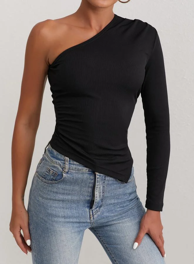 Take Two Take Two Solid One Shoulder Ribbed Top