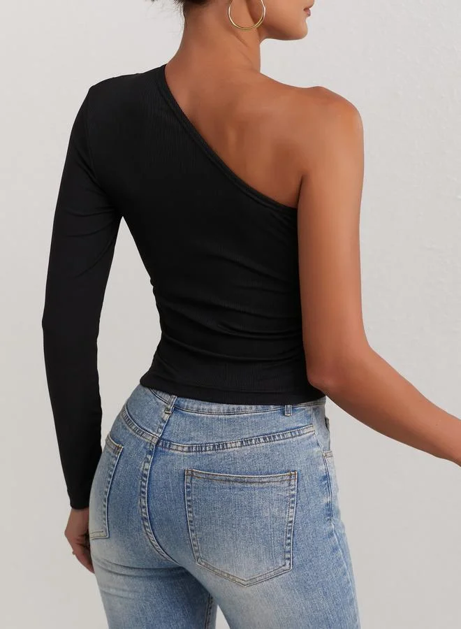 Take Two Take Two Solid One Shoulder Ribbed Top