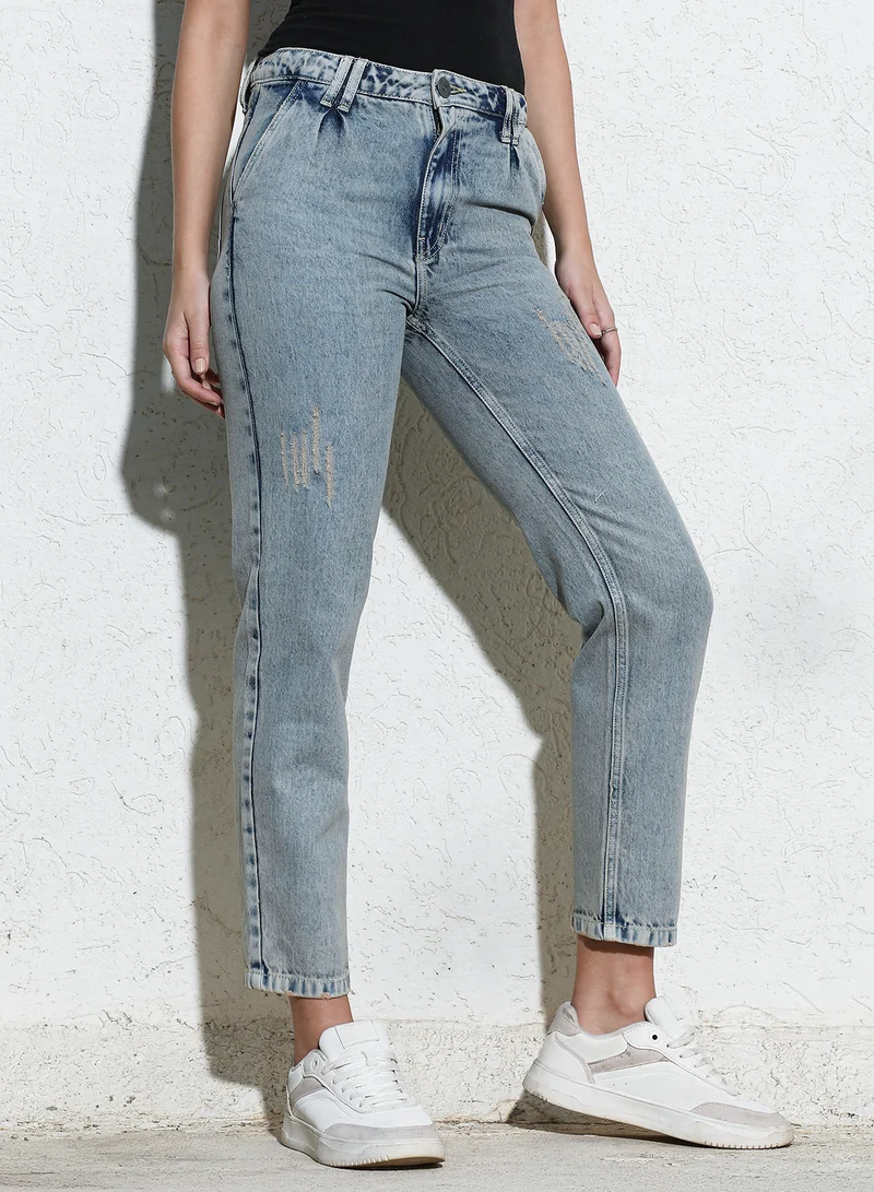 Campus Sutra Women's Indigo Blue Acid-Wash Denim Jeans For Casual Wear | High-Waist | Regular Fit | Button Closure | Denim Jeans Crafted With Comfort Fit For Everyday Wear